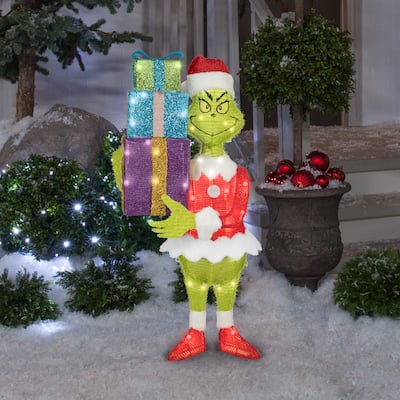 3D Holiday Lighted Tinsel Sculpture-Grinch w/Present Stack-Dr. Seuss
