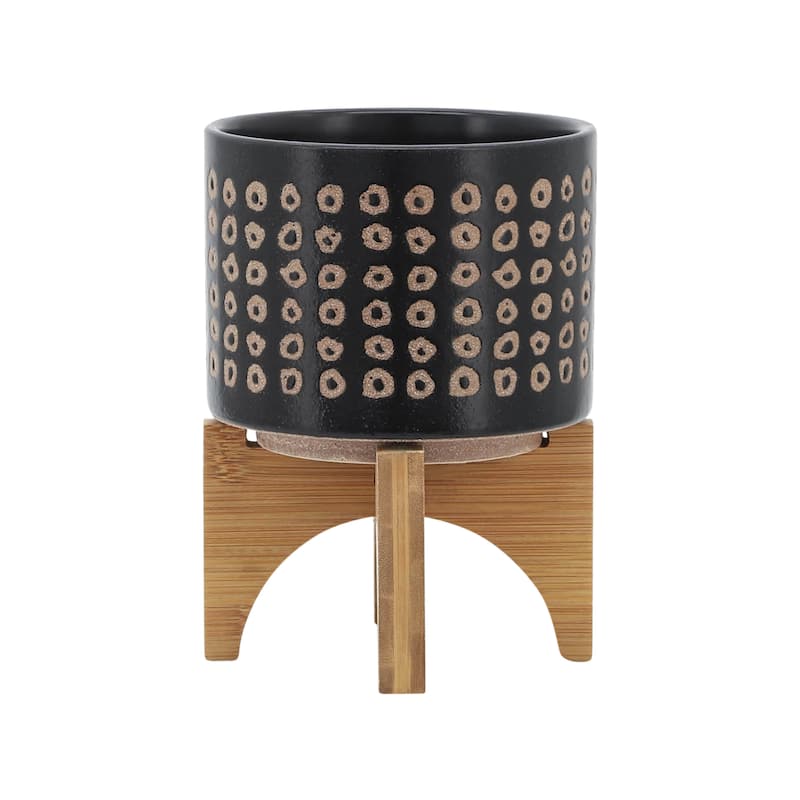 Sagebrook Home Neutral Tan and Brown Ceramic Dotted Planter with Wood Stand Indoor Outdoor
