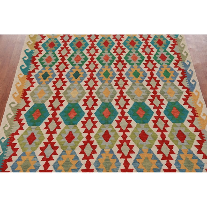 Hand Woven Oriental 100% Wool Carpet Southwestern Geometric Multi-Colored Kilim Area Rug - 8' 7'' X 6' 0''