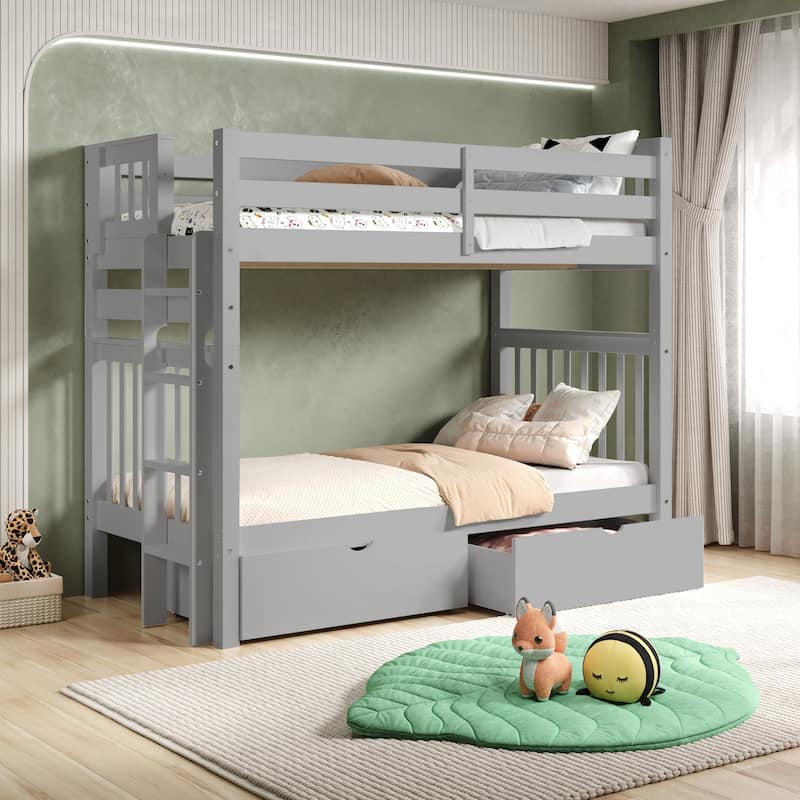 Taylor & Olive Trillium Tall Twin over Twin Bunk Bed, 2 Drawers - Grey