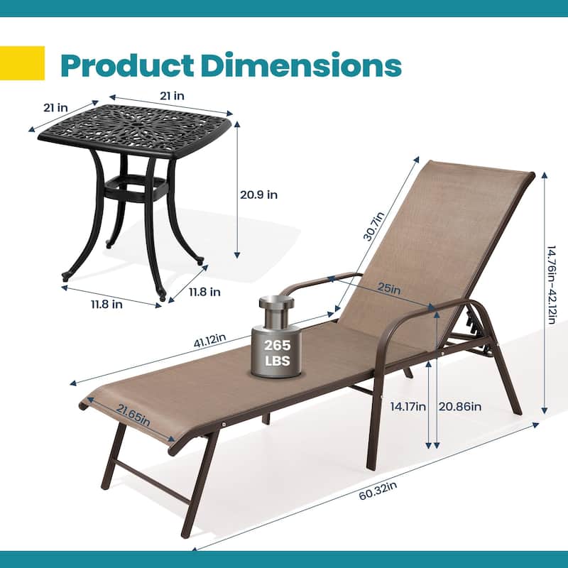 Pellebant Outdoor Patio Lounge Chairs Set Aluminum Adjustable Backrest with Side Table