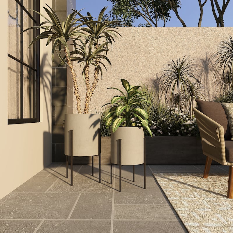 Light Grey or Dark Grey Iron Cylinder Modern Planter Set (Set of 2) - S/2 19", 23"H