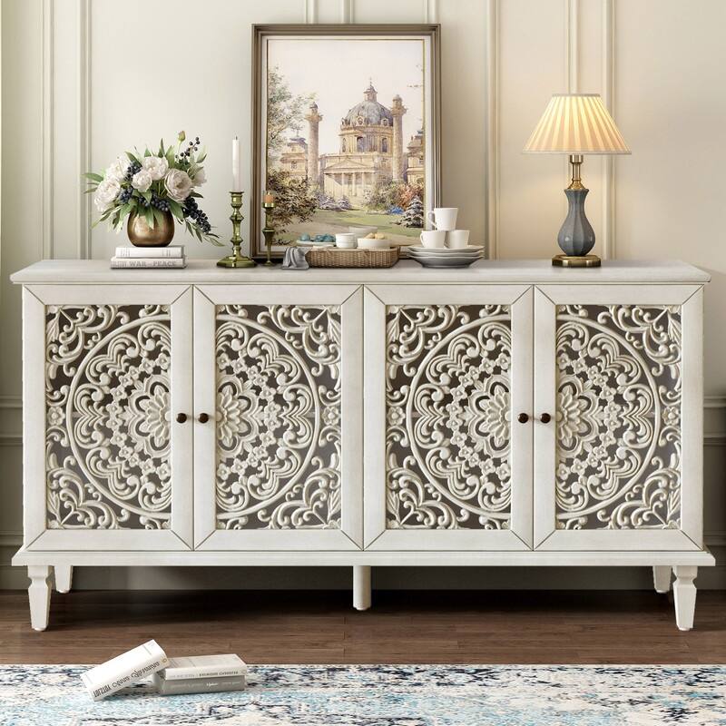 60" Antique Buffet Sideboard with Floral Carvings Solid Wood Legs and Adjustable Shelves for Versatile Storage - Antique White