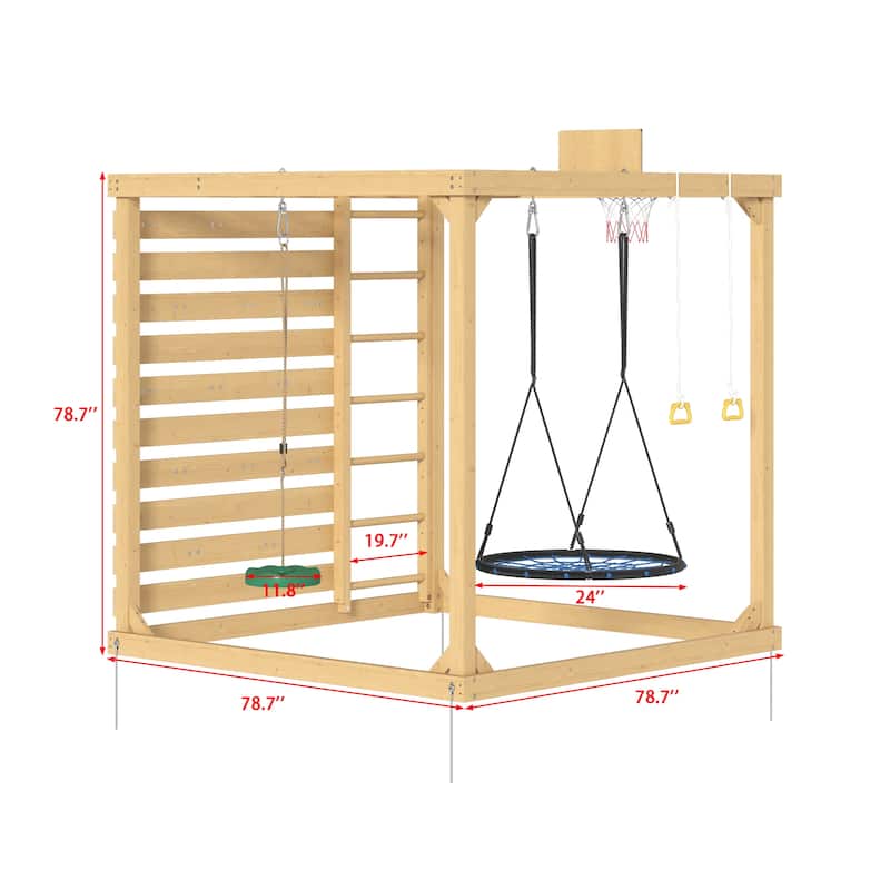 8-in-1 Cedar Wood Outdoor Playset for Backyard, Kids Swing Set with Climbing Wall, Monkey Bars, Basketball Hoop & Sand Box
