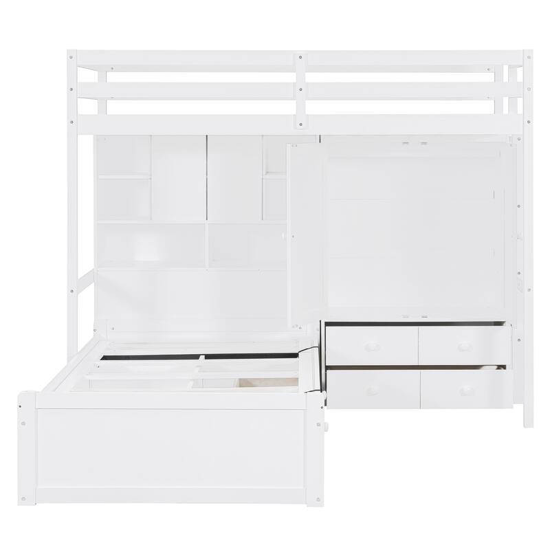 L-shaped Bunk Bed Twin Over Twin with Side Wardrobe and Under Drawers, Down Hydraulic Bed with Storage Shelves for Bedroom