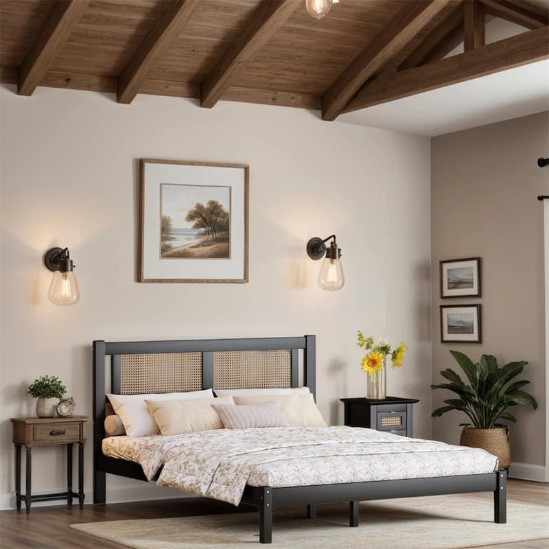 Queen Size Wood Platform Bed with Natural Rattan Headboard and Legs