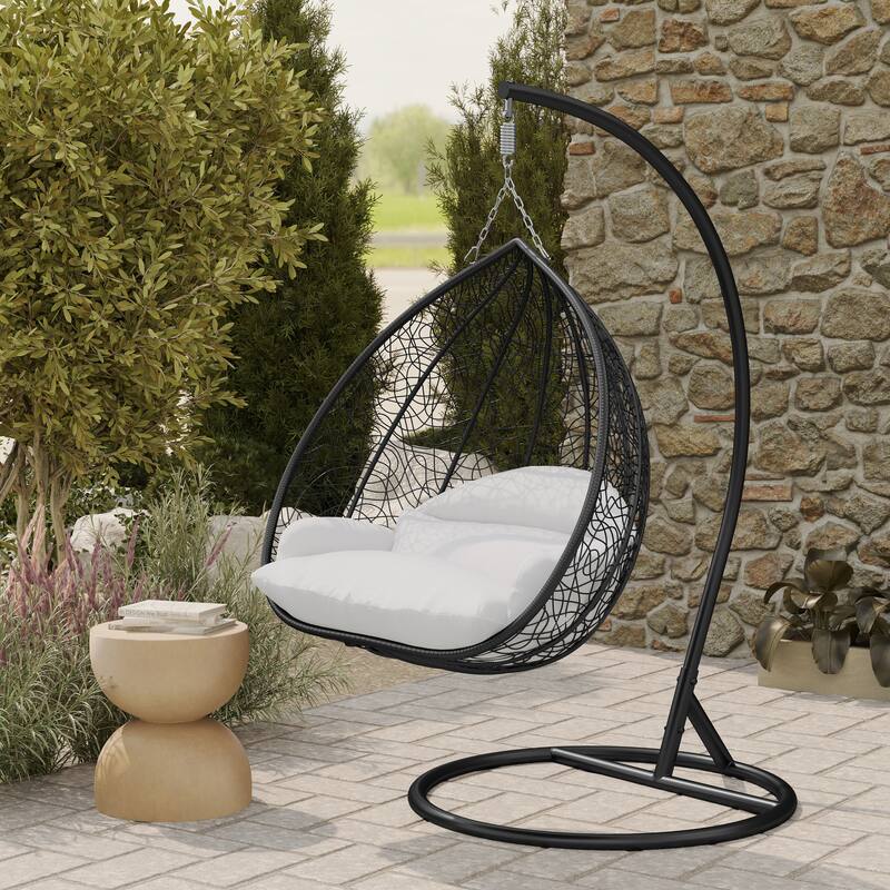 2-Person Outdoor Hanging Egg Chair with Teardrop Frame, Weather-Resistant Cotton Cushioned Seat for Patio and Indoor Use