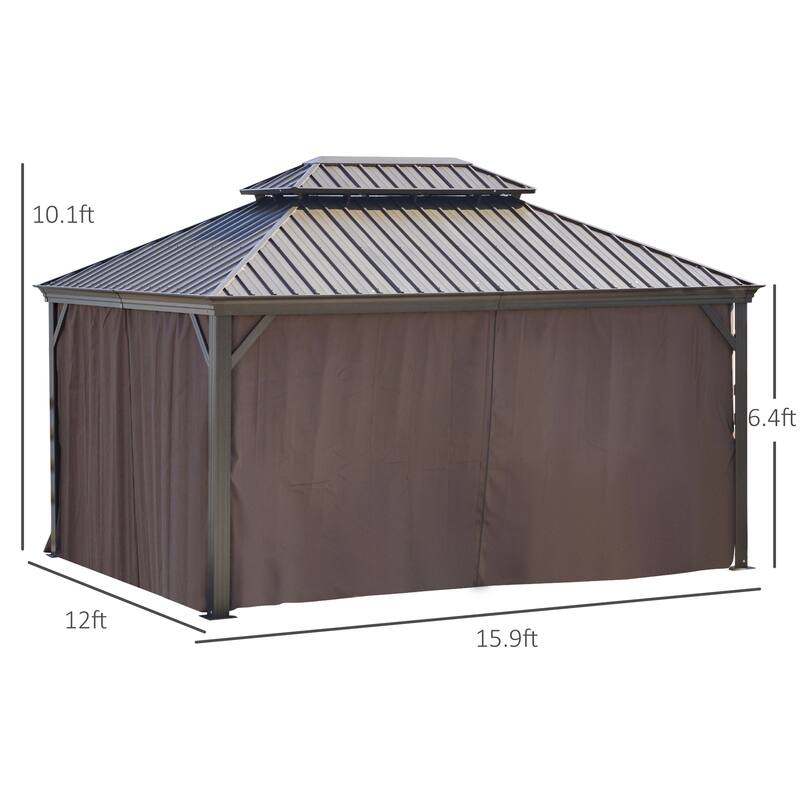 Outsunny 16' x 12' Hardtop Patio Gazebo Canopy Outdoor Pavilion with Galvanized Steel Frame, Netting Sidewalls, Curtains