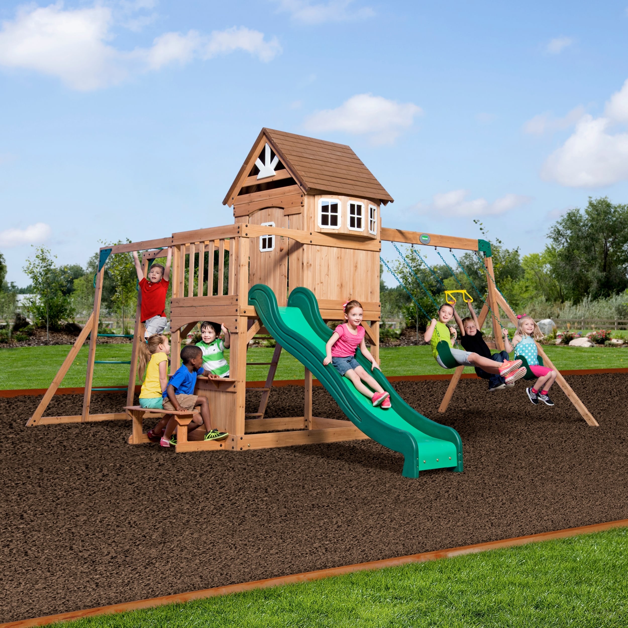 Backyard Discovery Montpelier Cedar Wood Swing Set, Slide, Clubhouse
