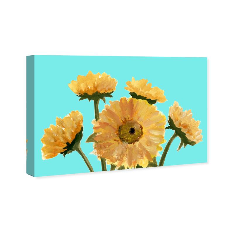 Wynwood Studio Canvas Floral and Botanical Sunflower Fields AQUA Blue and Dark Yellow Rustic Wall Art Canvas Print