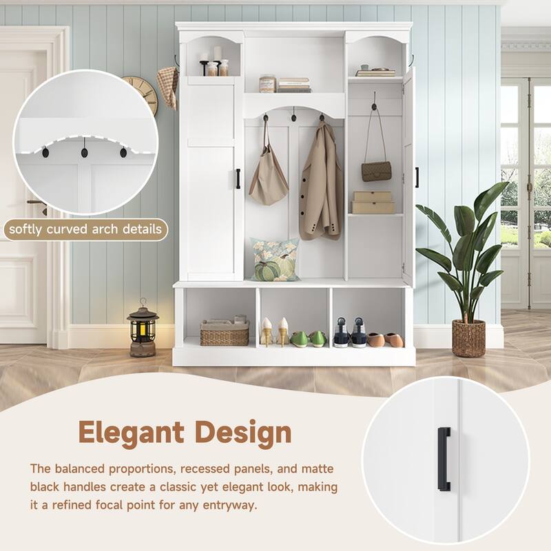 Modern Hall Tree with Adjustable Shelves Dual Cabinets Bench Entryway Organizer