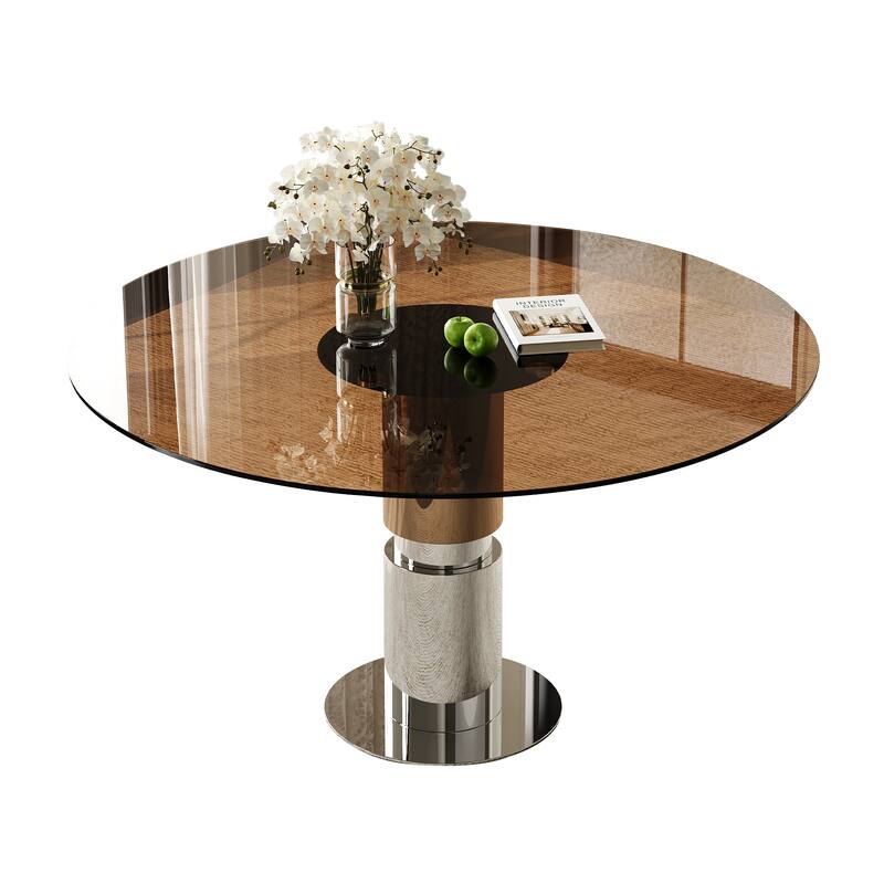 35-Inch Round Glass Dining Table, Tempered Glass Tabletop, Stainless Steel Legs, Suitable for 2-4 People - Brown