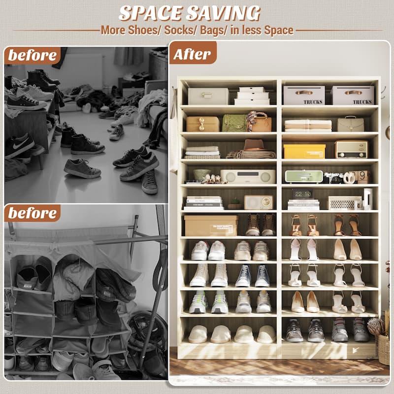 Freestanding 10-Tier Shoe Storage Cabinet,Narrow Wood Shoe Rack Shoe Organizer,Sturdy Closet Organizer Open Display Cabinet