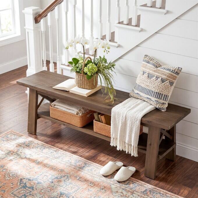 55-Inch Rustic Solid Wood Shoe Storage Bench for Entryway & Bedroom