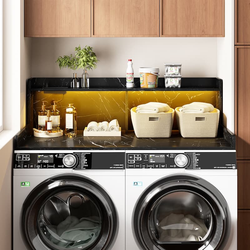 54" x 27.4" Laundry Countertop for Washer and Dryer with Non-Slip Pads，LED Lights，Power Outlets - Black Marble