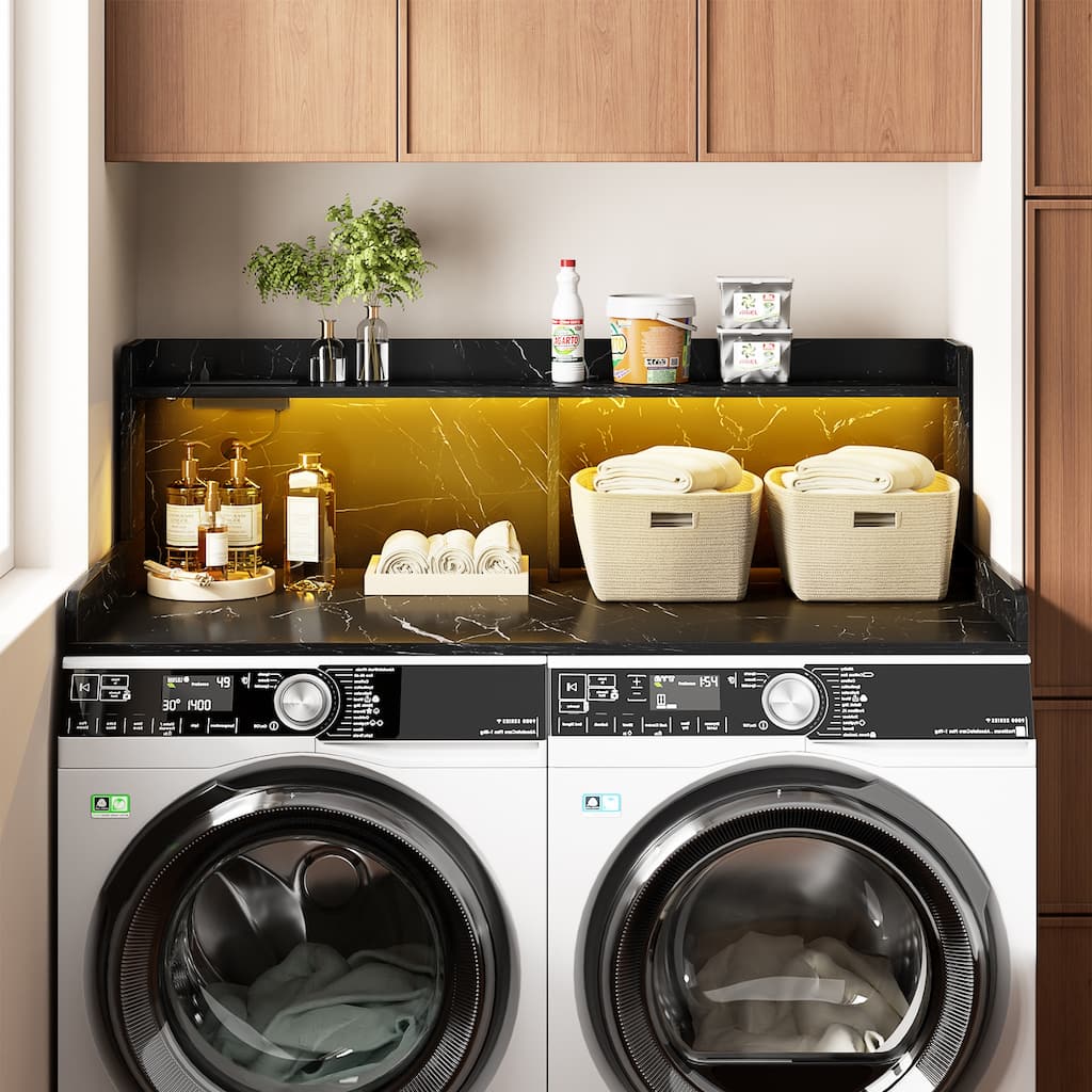 54" x 27.4" Laundry Countertop for Washer and Dryer with Non-Slip Pads，LED Lights，Power Outlets