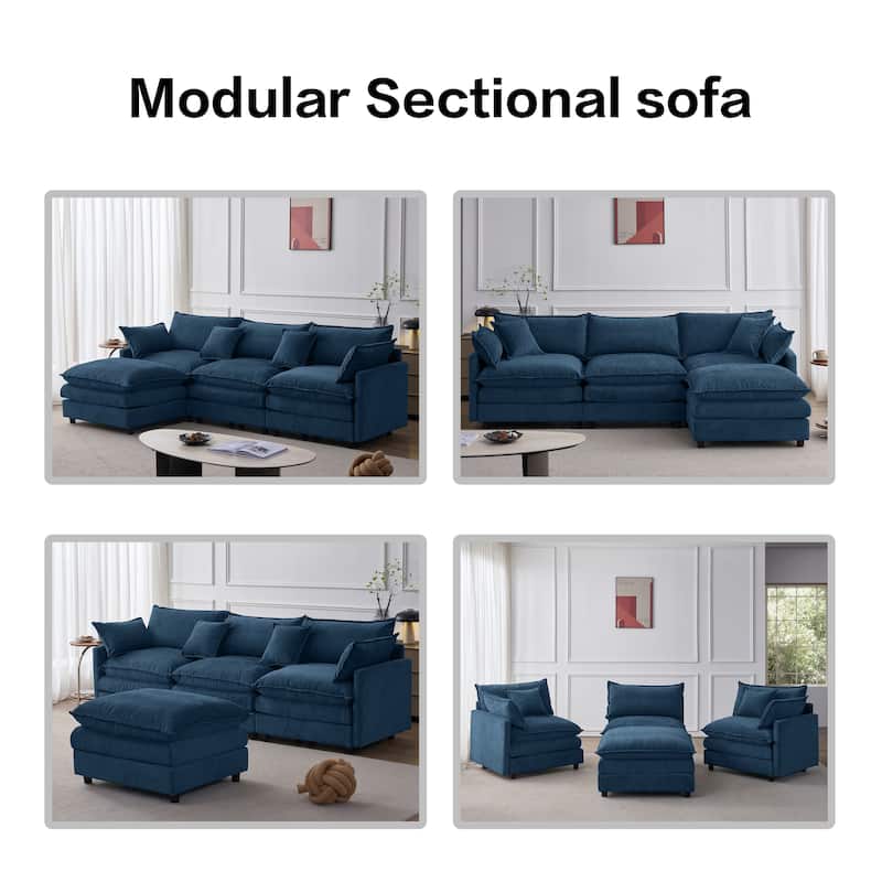 Chenille Upholstered L-shaped Sectional Sofa 3 Seater Modular Couch with Ottoman, Pillows and Double Layer Seat Cushions