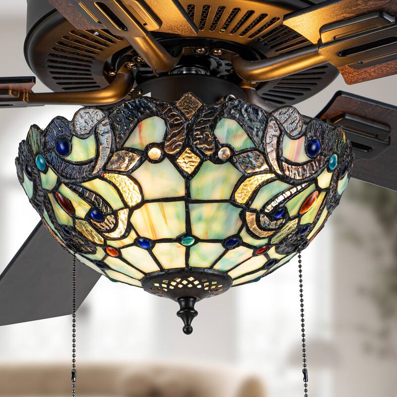 52" W Magna Carta Indoor Tiffany Stained Glass Oil Rubbed Bronze Ceiling Fan with Remote Control