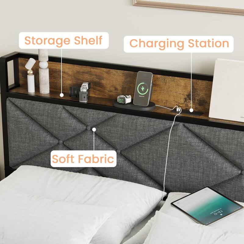 Metal Platform Bed Frame with Charging Station, Tufted Headboard, Storage Shelf & Steel Slats
