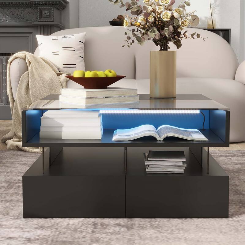 Lift-Top Coffee Table with 2 Drawers,Glass Top and High-Gloss Finish,Hidden Storage and LED Lights for Living Room