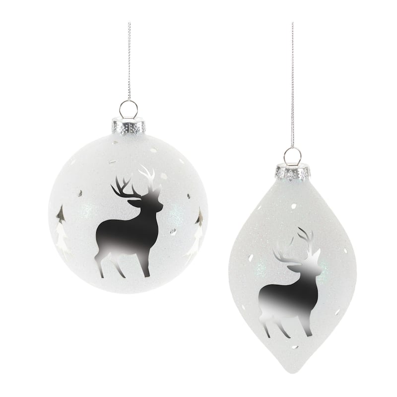 Glittered Deer Frosted Glass Christmas Ornaments - 5" - White - 6ct