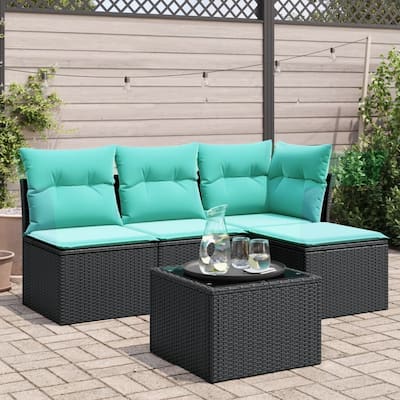 vidaXL 5 Piece Patio Sofa Set with Cushions Black Poly Rattan - 67.7x27.2x46.1-With table