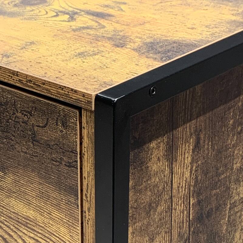 Industrial 6 Drawer Double Dresser, Rustic Brown Wood Storage Chest with Steel Frame for Bedroom Living Room