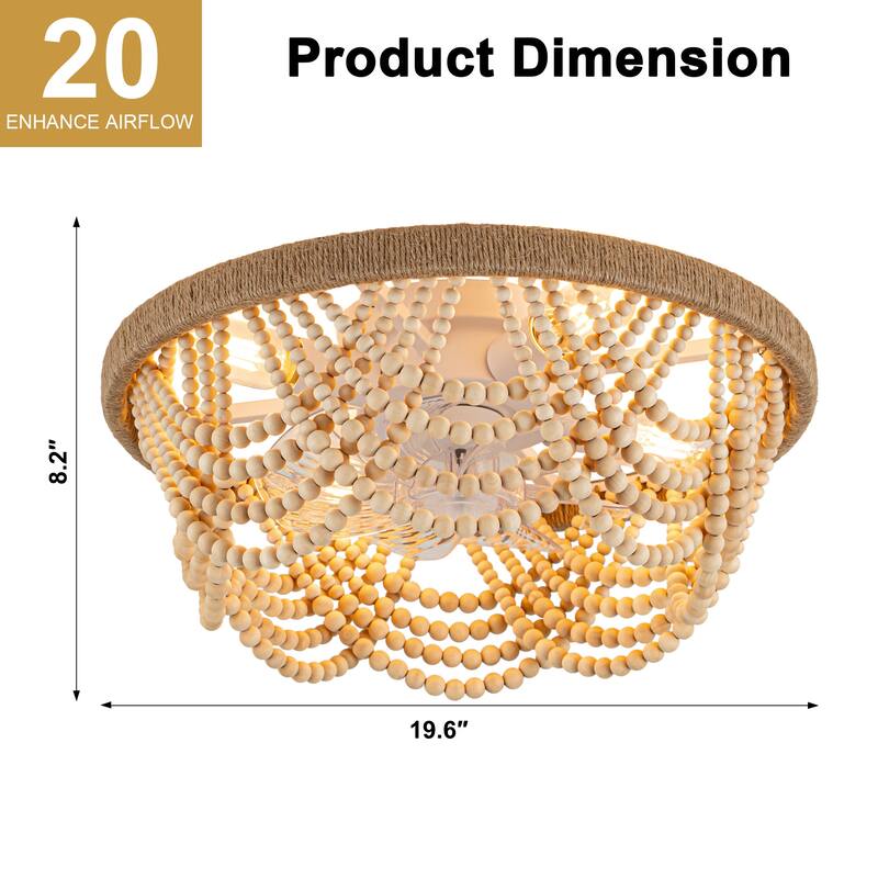 Cusp Barn 20" Boho Caged Ceiling Fan with Light and Remote, Flush Mount Low Profile Fandelier, Famhouse Wood Beaded Ceiling Fan