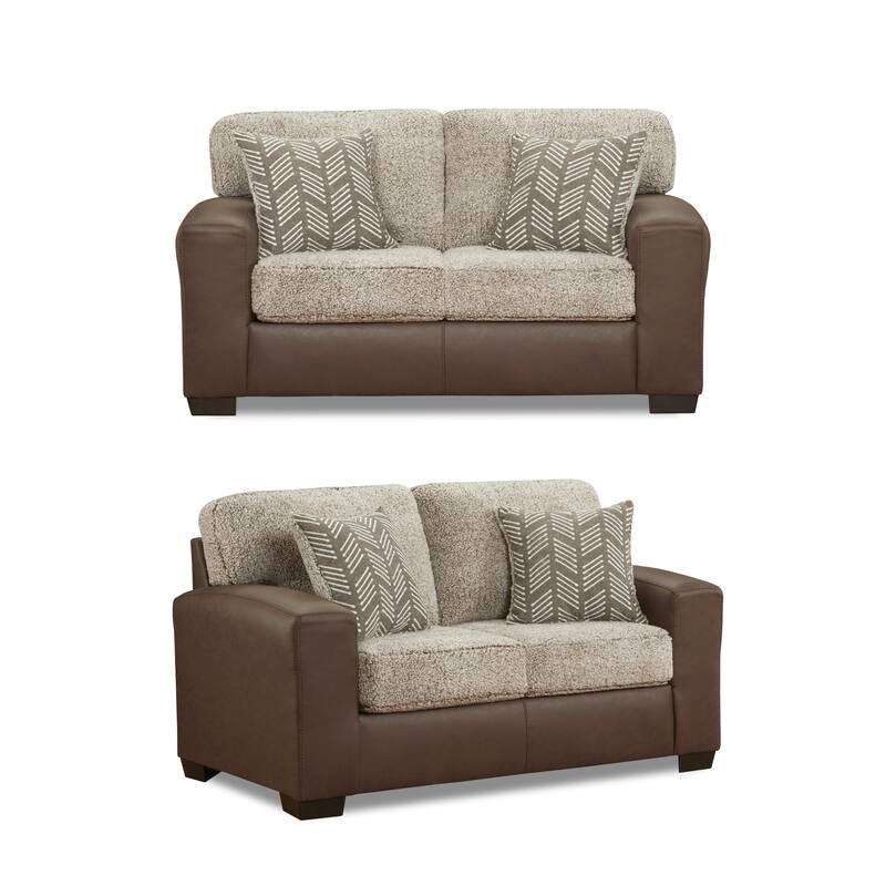 Roundhill Furniture Marvella 3-Piece Living Room Set, Chocolate Faux Leather and Curly Shearling Upholstery