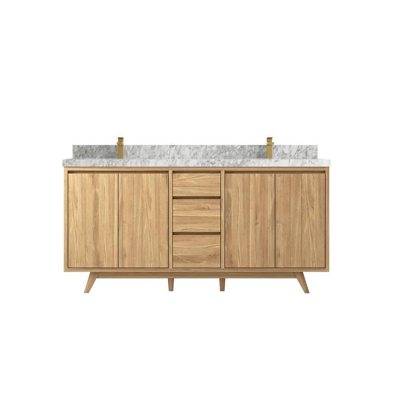 Willow Collections 72 in. W x 22 in. D s Madison Teak Double Sink Bathroom Vanity with Countertop - 2" Carrara Marble - Light Natural Teak