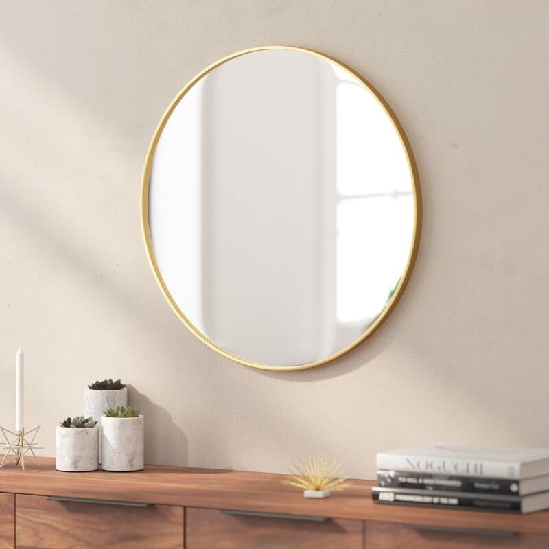 Wall Mount Shatterproof Round Accent Wall Mirror with Metal Frame - 24" - Gold