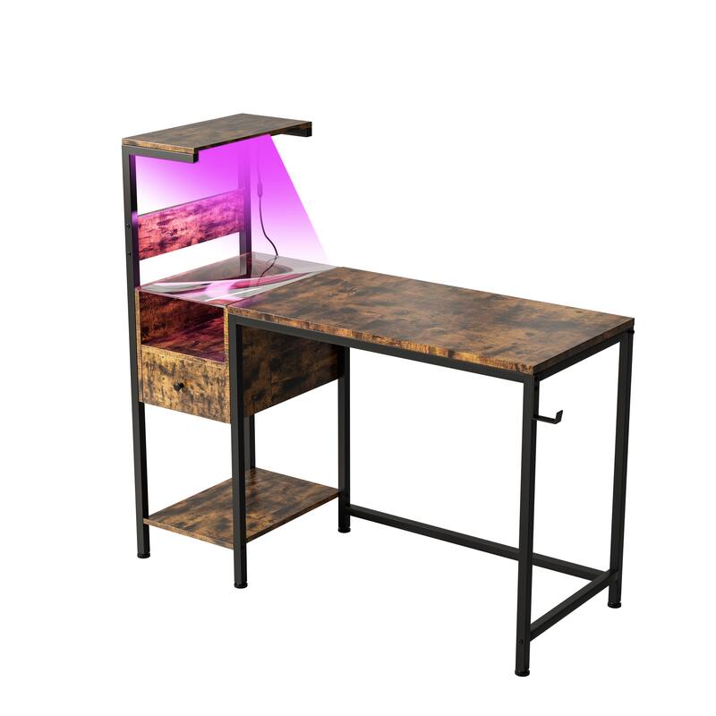 Computer Desk with Power Outlet & Reversible Shelves, Office Desk with USB Ports Charging Station & LED Lights