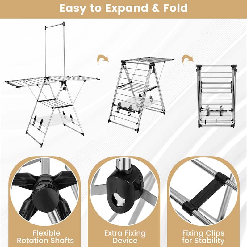 2-Layer Aluminum Foldable Drying Rack w/ 2 Height-adjustable Wings