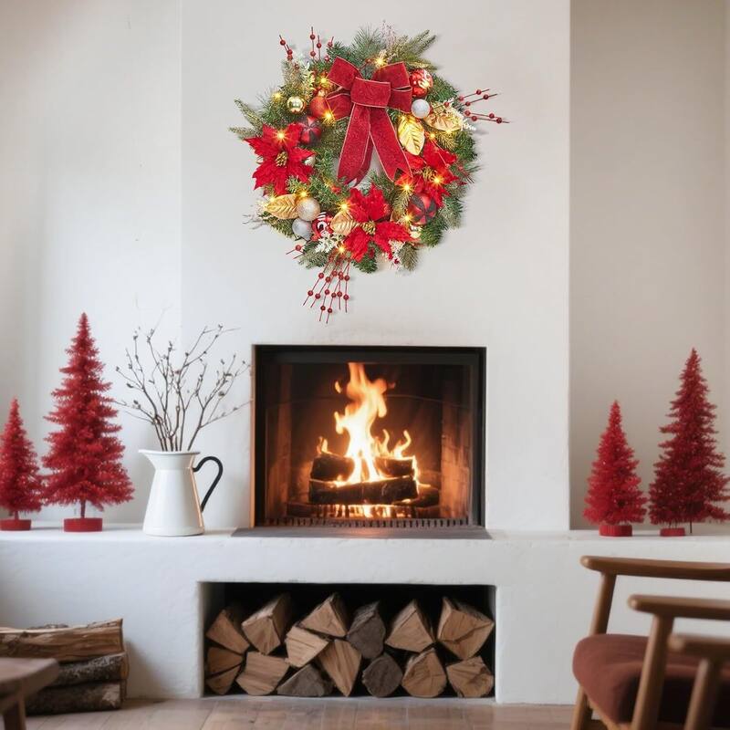 24 Inch Pre-Lit Christmas Wreath with Red Ribbon & Gold Accents