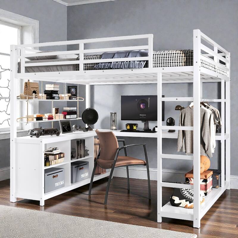 Metal Loft Bed with Wardrobe and L-Shaped Desk, Storage Cubes and Shelves, Space Saving Loft Bed for Teens