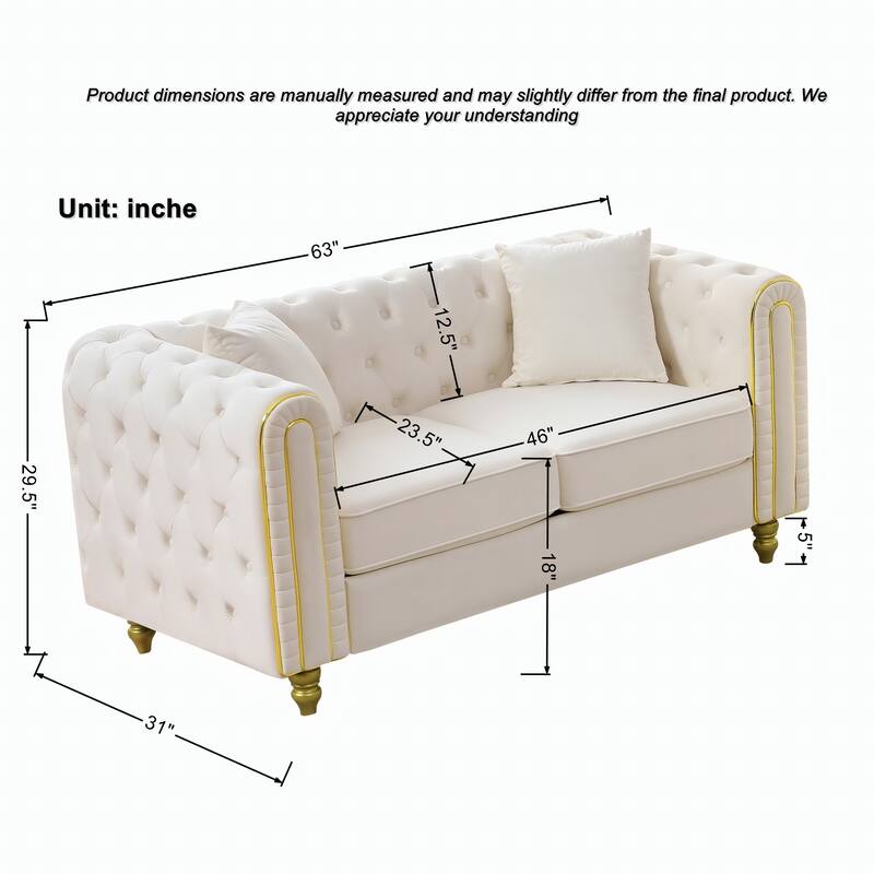 Roomfitters 63" Modern Upholstered Chesterfield Loveseat with Gold Trim, Button Back 2-Seater Couch for Small Spaces