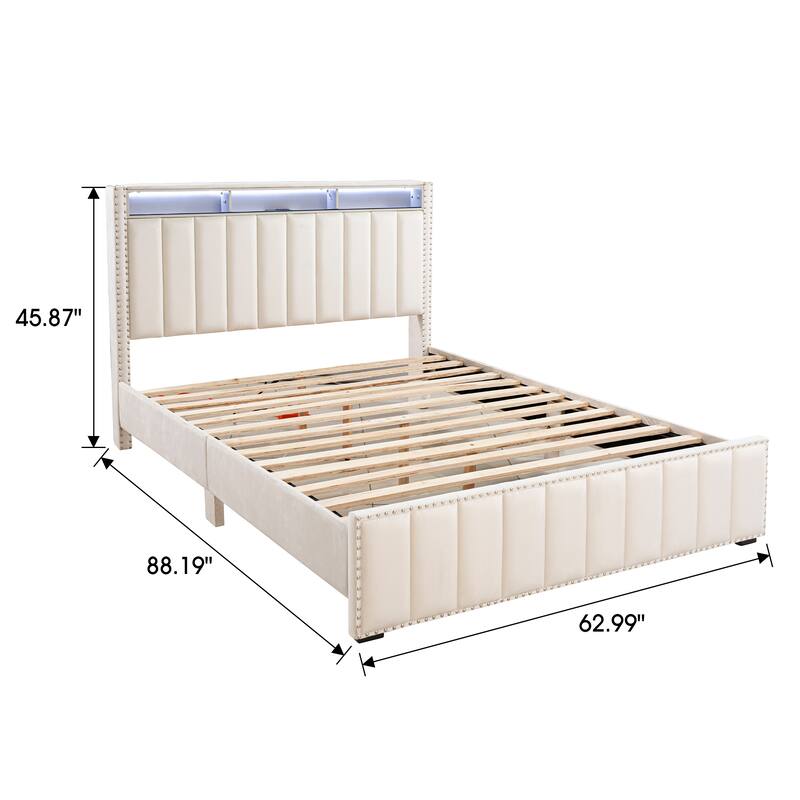 Modern Beige Solid Wood Bed Frame with Open Compartments