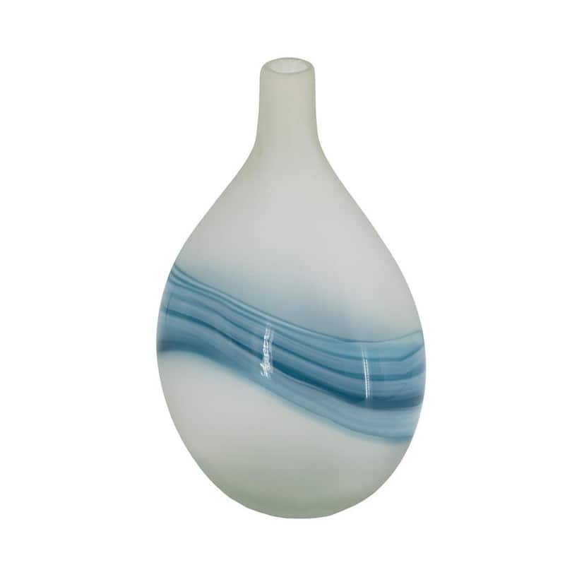 16" White And Blue Swirl Art Glass Table Vase - 10.20