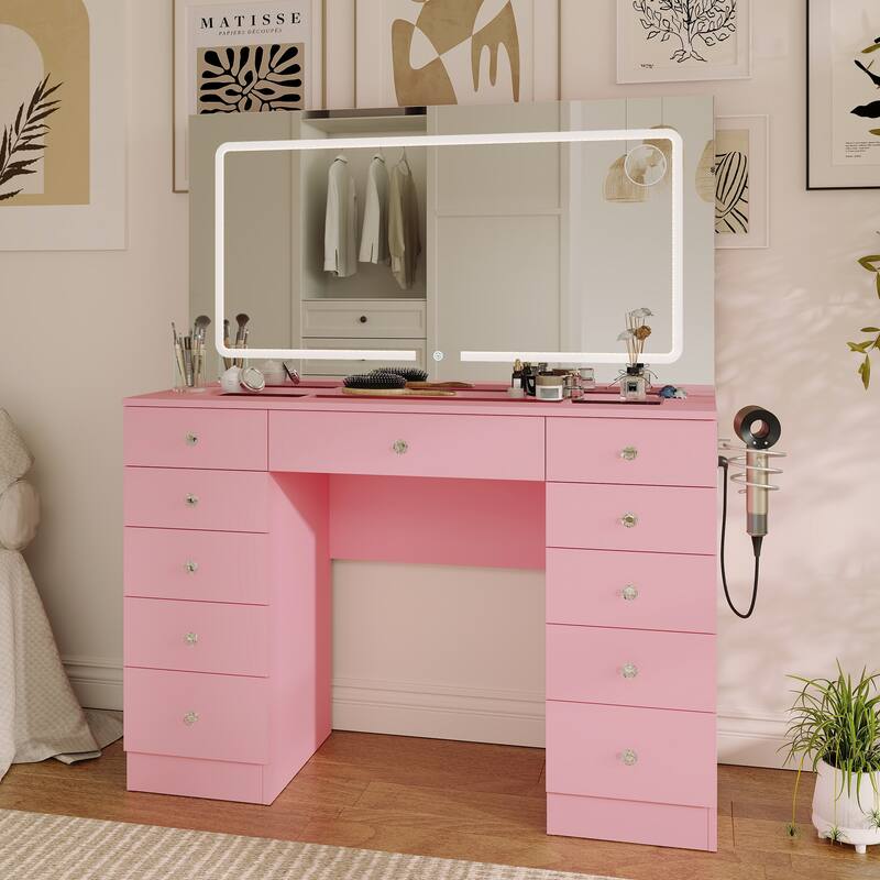 Makeup Desk with Large Mirror & 11-drawer - Pink