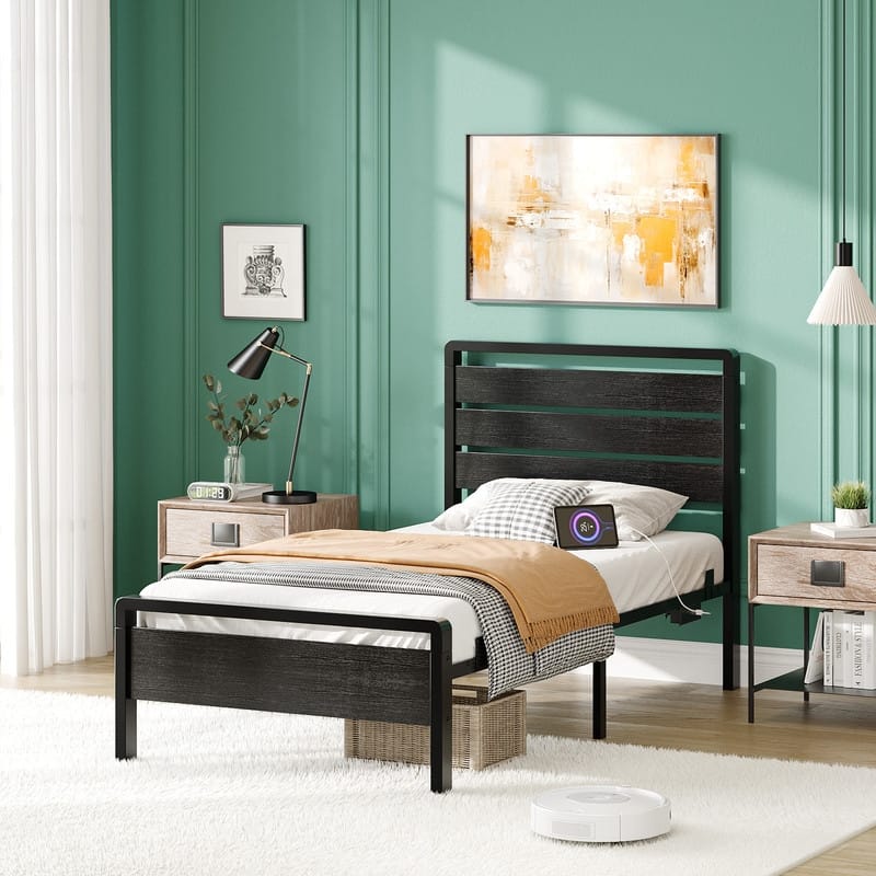 Bed Frame with LED Light and Charging Station, Metal Platform Bed with Wood Headboard