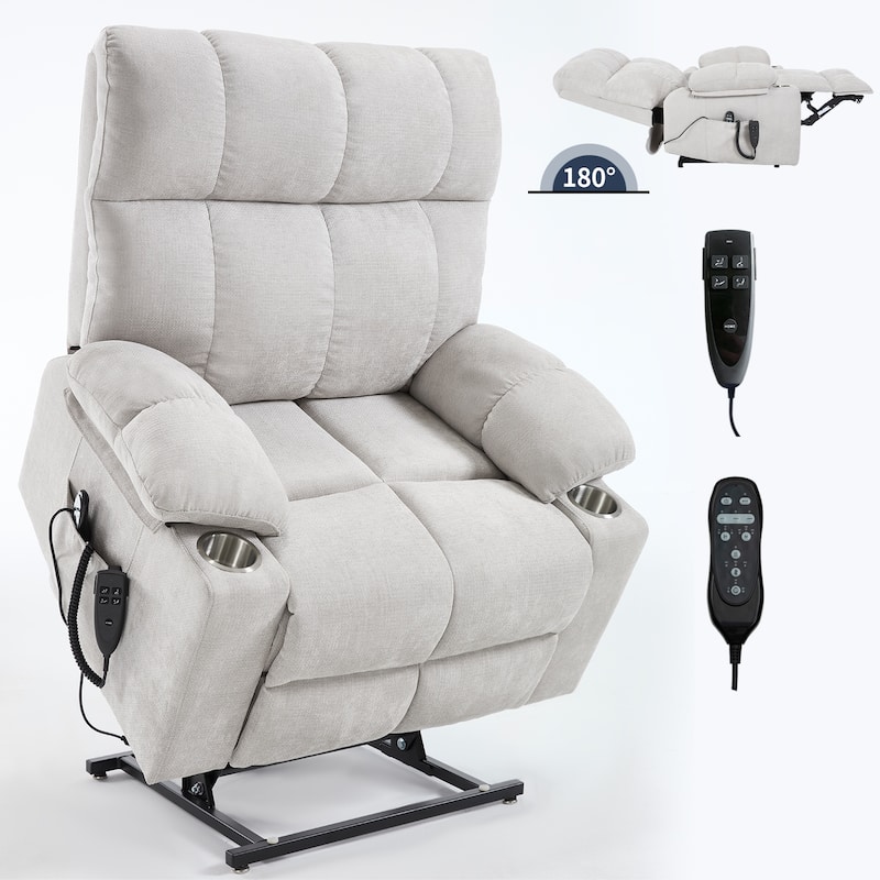 Chenille Power Lift Recliner Chair with Massage & Heating, Dual Motor Infinite Position Electric Recliner with Cup Holders
