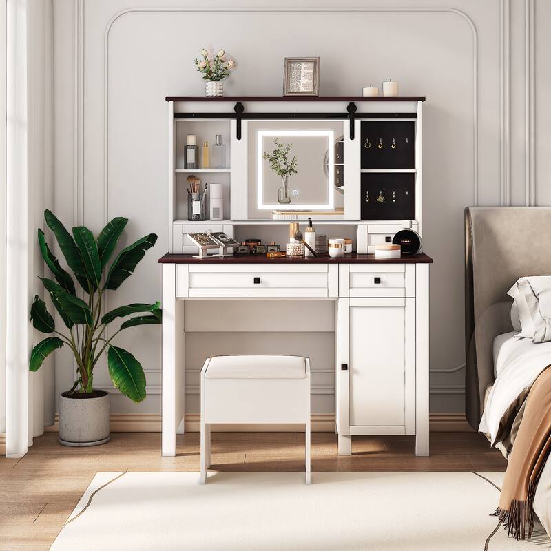 Farmhouse Makeup Vanity with Mirror and Lights
