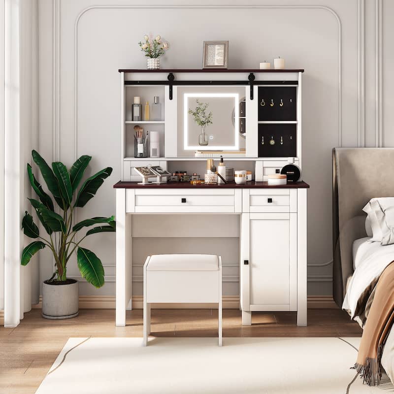 Roomfitters Farmhouse Makeup Vanity with Mirror and LED Lights, 41.73" Dressing Table with 4 Drawers and Cabinet, White + Walnut