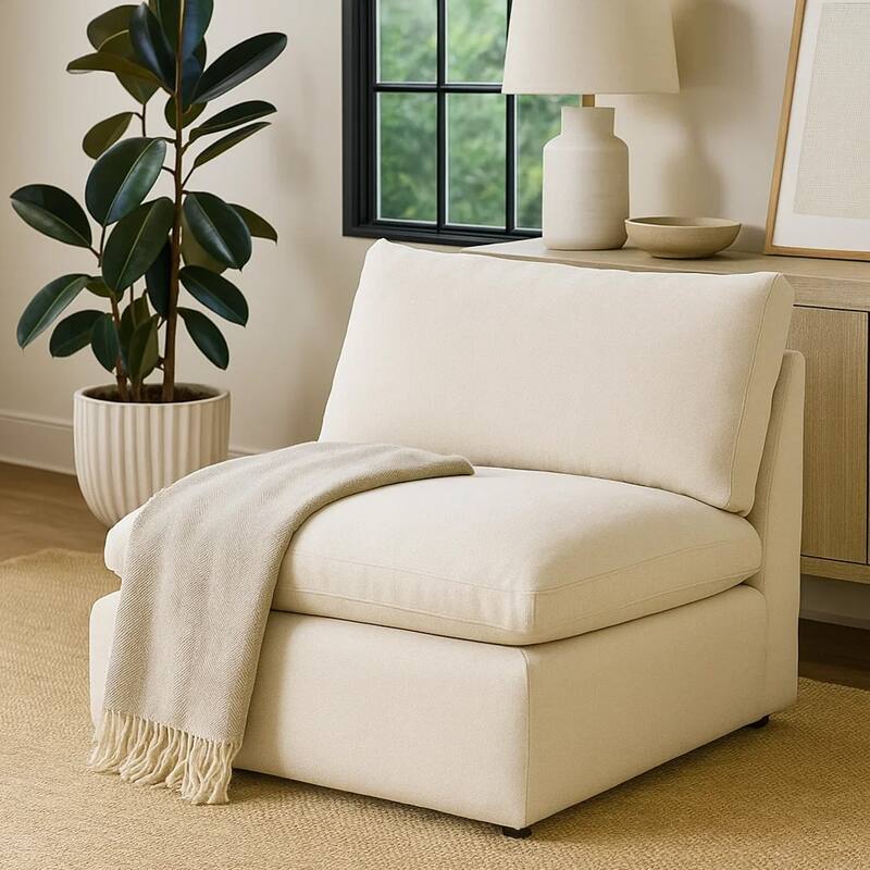 Elize Modular Armless Accent Chair, Beige Polyester, Plush Cushioning