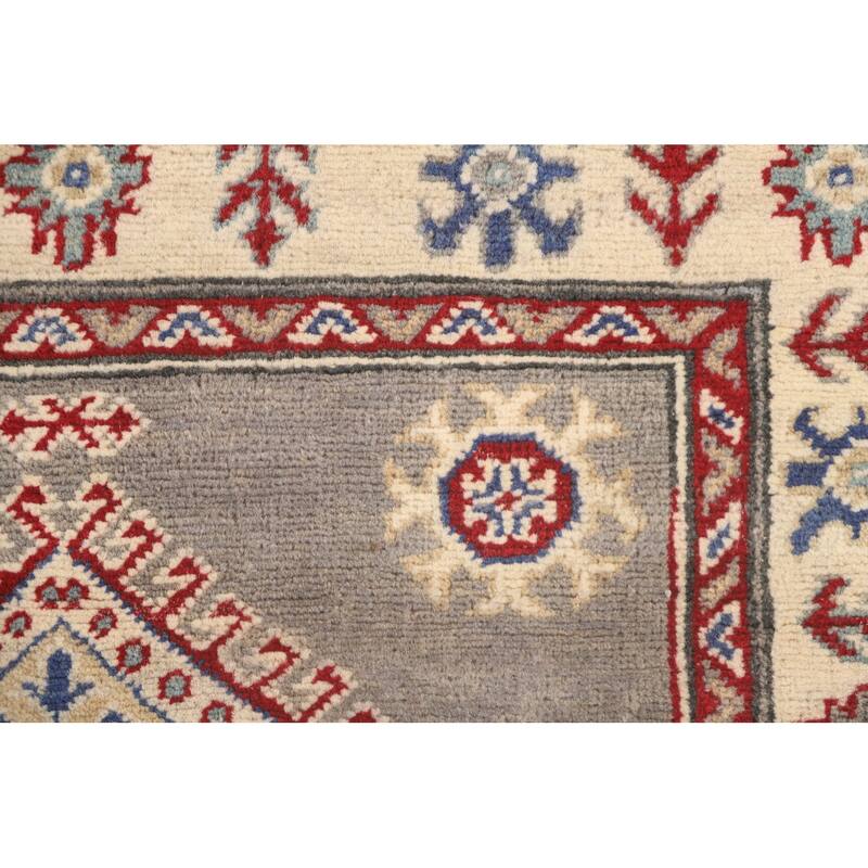 Geometric Grey Kazak Runner Rug Handmade Wool Carpet - 2'10" x 19'7"