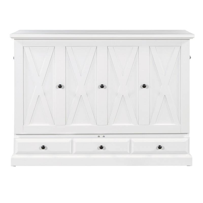 Solid Pine Murphy Bed Chest Cube Cabinet Bed with Charging Station and Large Storage Drawer, Full/Queen Size Murphy Bed Cabinet