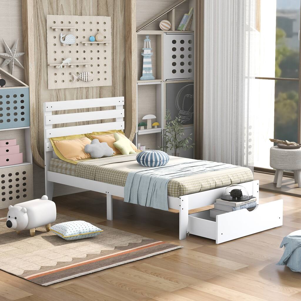 Twin Size Pine Wood Platform Bed with 2 Storage Drawers and Headboard ...