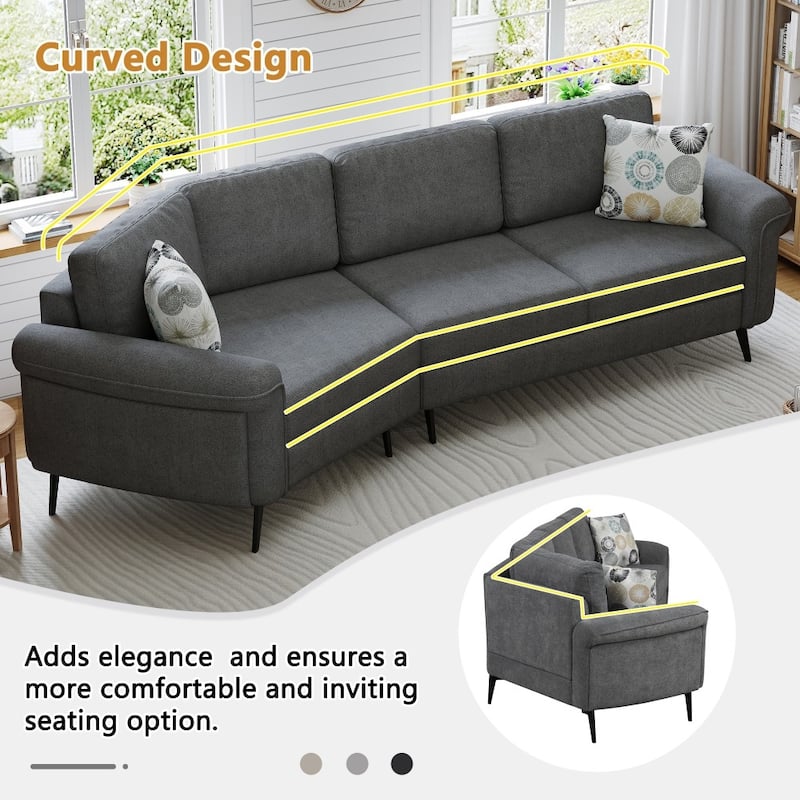 111" Modern Upholstered 3-seater Curved Sofa Couch with 2 Printed Pillows for Living Room