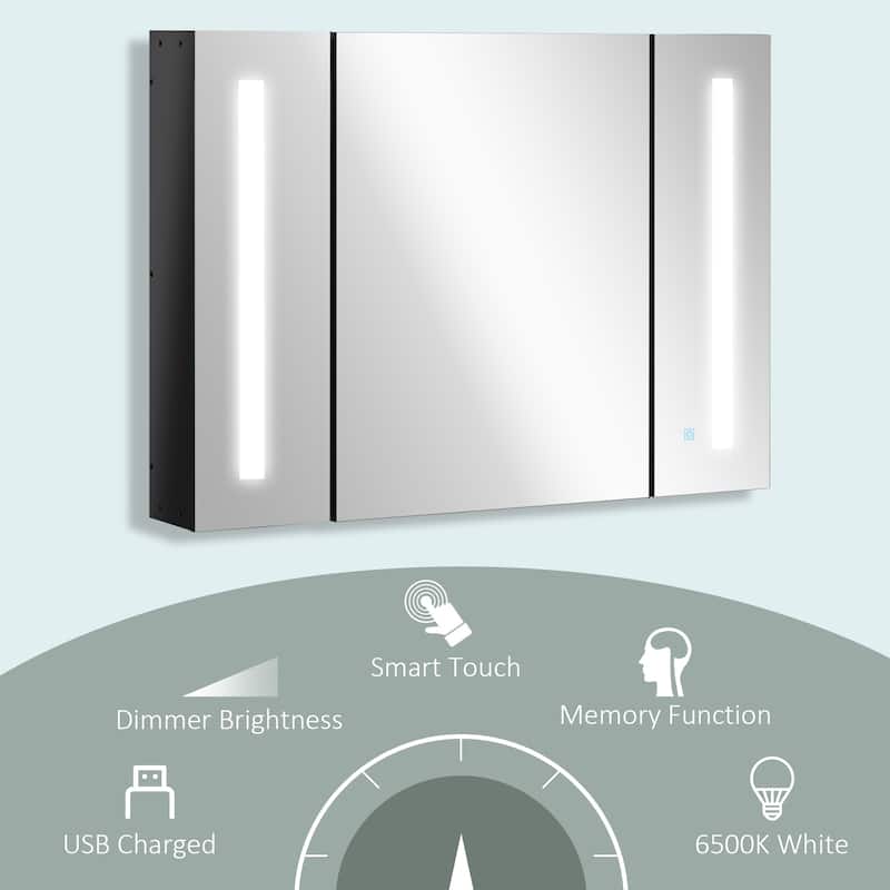 High Gloss Black MDF LED Bathroom Mirror Cabinet with Adjustable Shelves - 35.5" W x 6" D x 25.5" H