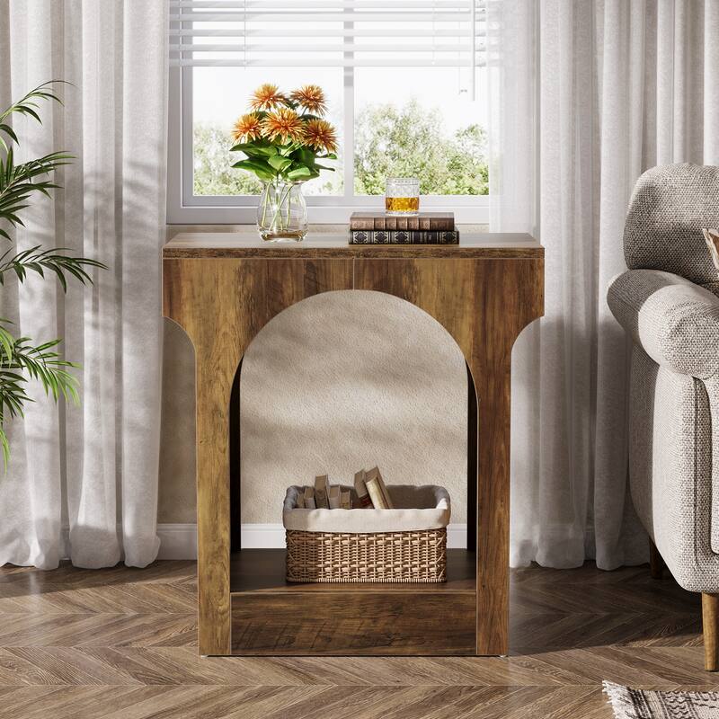2 Tier Wood End Side Table with Innovative Arched Design